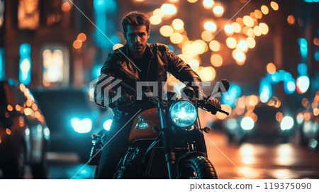 A motorcyclist dressed in a leather jacket confidently rides through a bustling city at night, surrounded by shimmering lights and vibrant colors. The street is alive with energy and movement. 119375090
