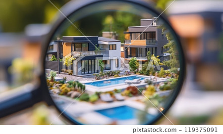 A magnifying glass is focused on a miniature model of a small neighborhood. The model shows several houses with pools in the backyards, including a house with a wooden balcony. 119375091