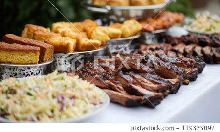 A vibrant barbecue spread featuring smoky ribs, cornbread, coleslaw, and various hearty side dishes laid out for guests to enjoy at an outdoor gathering. 119375092