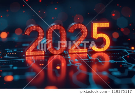 2025 Numbers Stand in Cyberspace, Technology Concept for the New Year 119375117