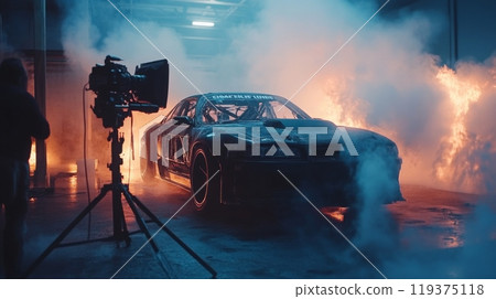 A modified drift car is positioned in a garage, surrounded by smoke and flames, with a camera aimed at it, creating an intense atmosphere for filming. 119375118
