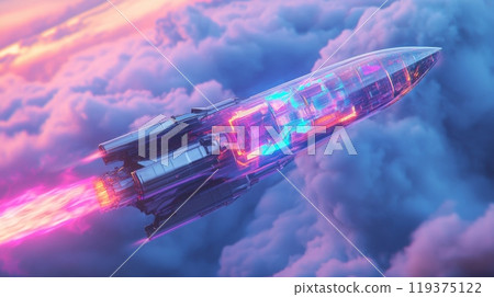 A sleek rocket ascends into the sky, leaving behind a vivid trail of light. The clouds illuminate in hues of purple and pink, creating a striking contrast as the vehicle climbs toward the horizon. A sleek rocket ascends into the sky, leaving behind a vivid trail of light. The clouds illuminate in hues of purple and pink, creating a striking contrast as the vehicle climbs toward the horizon. 119375122