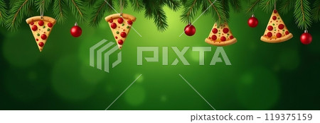 Pizzeria Banner 2025 New Year Christmas Pizza Slice Garland, Copyspace 119375159