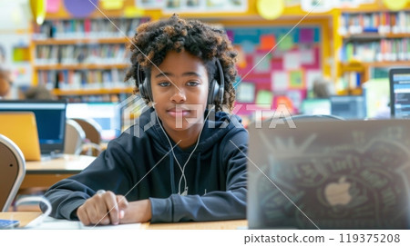 A young student with curly hair wearing headphones focuses on their laptop in a library filled with books and peers. 119375208