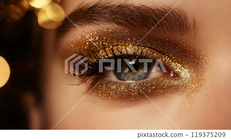 A woman's eye is adorned with sparkling gold glitter makeup, complementing her long, dark eyelashes. The setting appears festive, enhancing the expressive beauty of her gaze. A woman's eye is adorned with sparkling gold glitter makeup, complementing her long, dark eyelashes. The setting appears festive, enhancing the expressive beauty of her gaze. 119375209