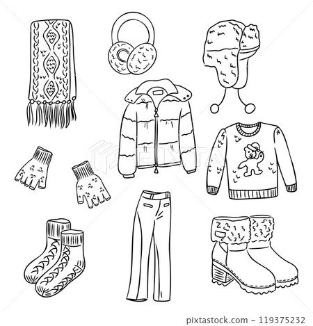 Winter clothing doodle hand drawn set 119375232