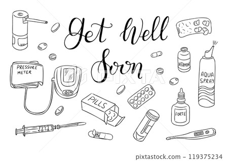 Set of hand drawn doodles with medical items Set of hand drawn doodles with medical items 119375234