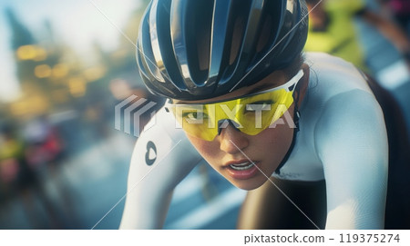 A determined cyclist accelerates down the street, focused on the road ahead while surrounded by fellow competitors in a dynamic race. 119375274