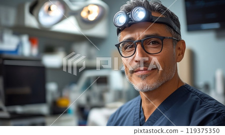 A skilled surgeon wearing a headlamp and glasses stands in a modern operating room, exuding confidence and readiness for surgical procedures in broad daylight. 119375350