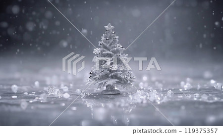 Silver Christmas tree decorated with snowflakes and a star on top, standing on ice, winter snowy background, copy space 119375357