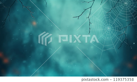 A spider web hangs gracefully from a tree branch in a dark forest, copy space A spider web hangs gracefully from a tree branch in a dark forest, copy space 119375358