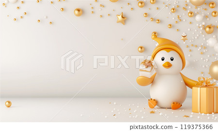 A cute gold and white penguin in a hat holding a gift box, copy space 119375366