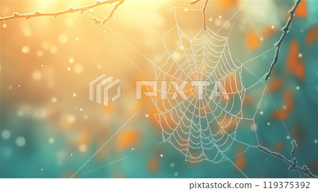 A delicate spider web is elegantly hanging from a tree branch, copy space 119375392