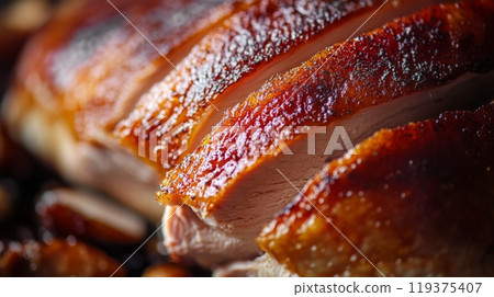 Crispy-skinned roasted duck breast sliced and displayed on a rustic wooden board, showcasing its rich, caramelized surface. Crispy-skinned roasted duck breast sliced and displayed on a rustic wooden board, showcasing its rich, caramelized surface. 119375407