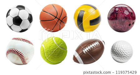 Sport activity balls, variety set bundle PNG transparent background, isolated graphic resource cutout. Soccer, american football, basketball, baseball, volleyball, tennis, golf, bowling 119375429