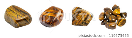 Tigers eye tumbled rock, stone, gem, specimen PNG set bundle transparent background isolated graphic resource cutout. Lapidary, geology, rockhounding, collecting, gemstone, mineral 119375433