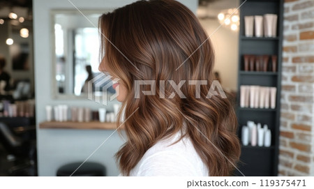 A woman showcases her long, wavy brown hair in a chic salon environment with stylish decor and warm lighting. 119375471