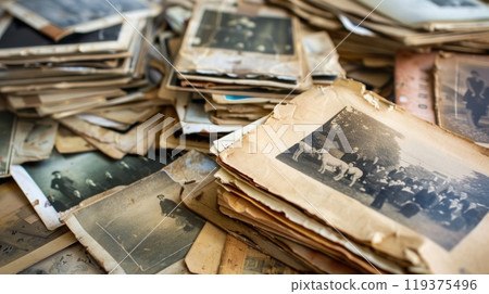 A collection of aged photographs stacked on a wooden table, portraying memories of the past. A collection of aged photographs stacked on a wooden table, portraying memories of the past. 119375496
