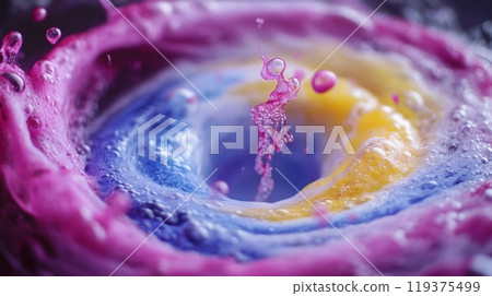 A close-up view some of vibrant liquids swirling together to form a vortex with bubbles rising 119375499