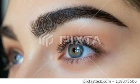 The captivating eye features clear blue-green irises framed by long lashes, while perfectly shaped brows enhance the overall appearance, spotlighting natural beauty in soft lighting. The captivating eye features clear blue-green irises framed by long lashes, while perfectly shaped brows enhance the overall appearance, spotlighting natural beauty in soft lighting. 119375506