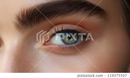 A young woman captivating green eye is highlighted, showcasing its vivid color and detail. Well-defined brows frame the eye, enhancing the overall natural beauty in a soft, neutral setting. A young woman captivating green eye is highlighted, showcasing its vivid color and detail. Well-defined brows frame the eye, enhancing the overall natural beauty in a soft, neutral setting. 119375507