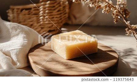 A bar of soap sits on a round, wooden coaster. The coaster is resting on a white surface. A white cloth is in the foreground 119375643