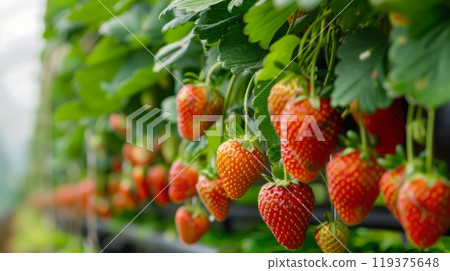 Close-up of ripe strawberries growing on a vine in a greenhouse. Close-up of ripe strawberries growing on a vine in a greenhouse. 119375648
