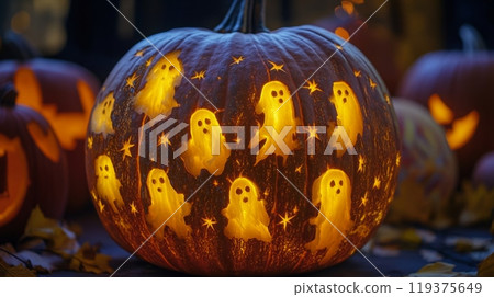 A beautifully crafted Halloween pumpkin displays glowing ghost figures, surrounded by autumn leaves and other carved pumpkins 119375649