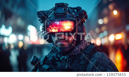 A soldier stands vigilant in an illuminated urban setting, sporting high-tech augmented reality goggles that display vibrant cityscapes, blending technology with security efforts. 119375655