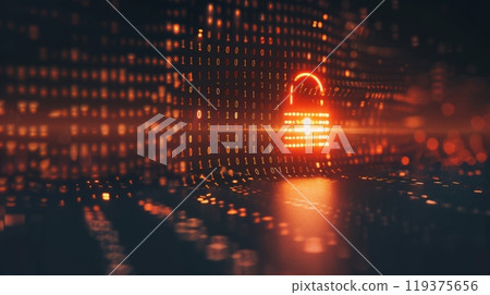 A glowing red padlock is shown in the center of an abstract binary code background. 119375656