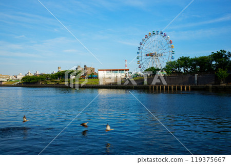 Arakawa Amusement Park's Ferris wheel and the scenery reflected on the water surface, evening view, ducks Arakawa Amusement Park's Ferris wheel and the scenery reflected on the water surface, evening view, ducks 119375667