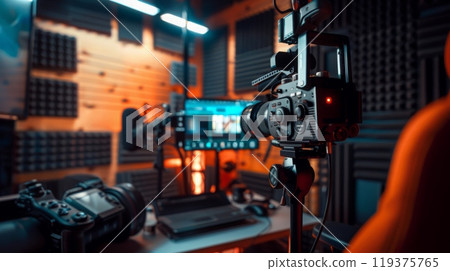 A professional video camera is mounted on a tripod and positioned in front of a computer monitor, with soundproofing panels and lighting equipment visible in the background. A professional video camera is mounted on a tripod and positioned in front of a computer monitor, with soundproofing panels and lighting equipment visible in the background. 119375765