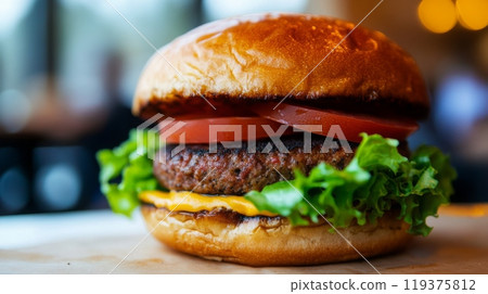 A freshly made cheeseburger topped with lettuce and tomato on a wooden table in a warm, inviting restaurant. 119375812