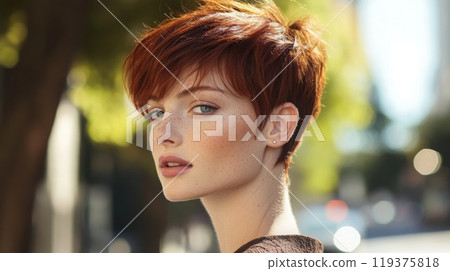 A young woman with striking short auburn hair poses outside, embodying confidence and style. Natural sunlight enhances her features as she gazes slightly away, surrounded by soft greenery. A young woman with striking short auburn hair poses outside, embodying confidence and style. Natural sunlight enhances her features as she gazes slightly away, surrounded by soft greenery. 119375818