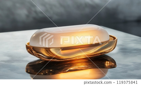 A modern lamp with a white, oval-shaped shade and a gold base sits on a reflective surface. The lamp is illuminated and casting a warm glow. 119375841