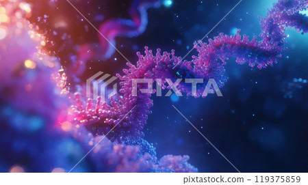 A vibrant depiction of DNA highlights its helical structure with brilliant colors, showcasing the beauty and complexity of genetic material in a digital composition. 119375859