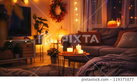 The living room is softly illuminated by candles and pumpkin decorations, creating a warm, inviting atmosphere perfect for autumn evenings. The living room is softly illuminated by candles and pumpkin decorations, creating a warm, inviting atmosphere perfect for autumn evenings. 119375877