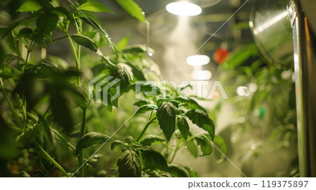 Green plants with large leaves are illuminated by artificial lights in a greenhouse-like environment. 119375897
