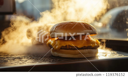 A cheeseburger sizzles on a griddle, steam rising as melted cheese drapes over the patty during golden hour. 119376152