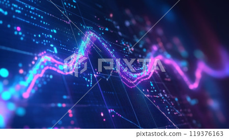 A vibrant data visualization depicting trends and patterns with dynamic lines and colorful dots representing digital analytics metrics over a specified timeframe. 119376163