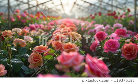 Colorful roses in shades of pink and orange flourish in rows inside a greenhouse, illuminated by the warm morning light. Colorful roses in shades of pink and orange flourish in rows inside a greenhouse, illuminated by the warm morning light. 119376185