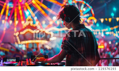 A DJ in headphones mixes music at a night carnival. The DJ is wearing a plaid shirt and facing the left, while lights from a Ferris wheel and other rides create a colorful backdrop. A DJ in headphones mixes music at a night carnival. The DJ is wearing a plaid shirt and facing the left, while lights from a Ferris wheel and other rides create a colorful backdrop. 119376193
