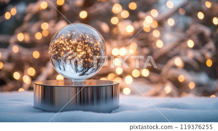 A beautiful snow globe sits on a reflective surface, capturing a winter scene within. Surrounding it are softly glowing lights amidst a snowy backdrop, creating a magical holiday atmosphere. 119376255