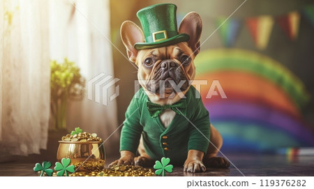 A playful dog dressed in a green outfit and top hat sits peacefully beside a pot of gold coins, with colorful decorations in the background, capturing the essence of a festive celebration. 119376282