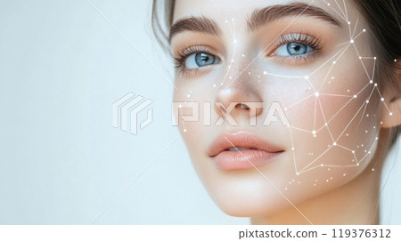 A young woman with striking blue eyes displays a serene expression, while digital lines and points are artistically arranged on her face in a well-lit environment. 119376312