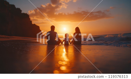 A family sits together on the shore, watching a stunning sunset over the ocean. The warm sunlight creates beautiful reflections on the water's surface, filling the scene with serenity. 119376313