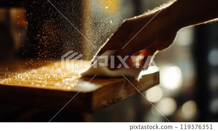 A person is wiping down a wooden table with a white cloth. There are small droplets of water in the air, making the table appear wet. 119376351