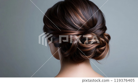 A person with a beautifully styled updo featuring soft, flowing waves, set against a muted background. 119376405