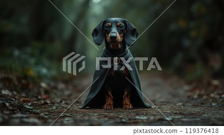 A dachshund in a dark cloak sits confidently on a wooded trail surrounded by lush greenery. The soft morning light filters through the trees, creating an enchanting atmosphere. 119376418