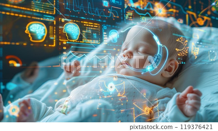 A baby is peacefully laying in a bed, with a futuristic interface in the background. 119376421